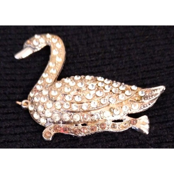 Vintage Silver Rhinestone Metal Swan Bird Brooch Pin 2" - Picture 3 of 6